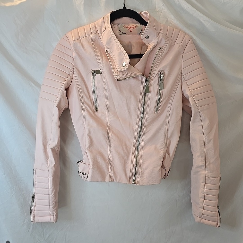 Voyelles Women's Faux-Leather Moto Jacket Pink Y2K 90s Grunge Festival‎ Sz 38